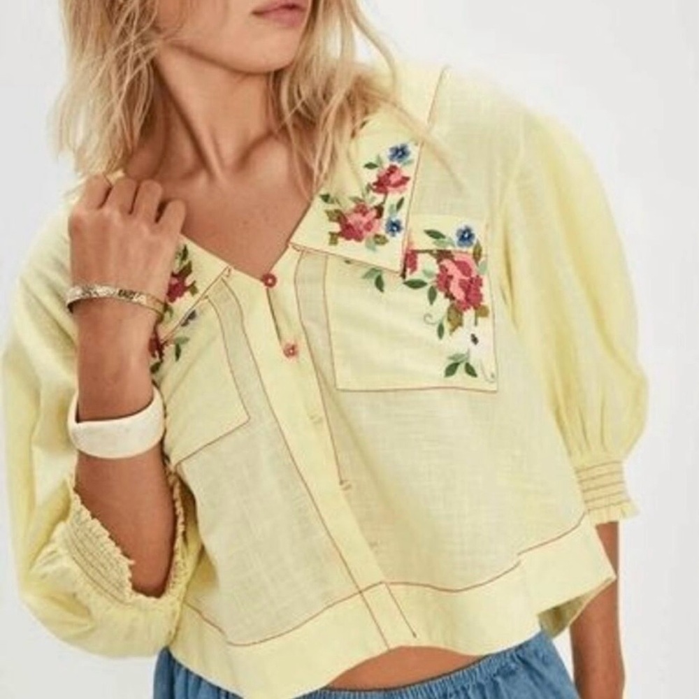 Free People Ryland Blouse in Summer Lemonade, Beautiful Embroidery, NWT - Picture 5 of 15